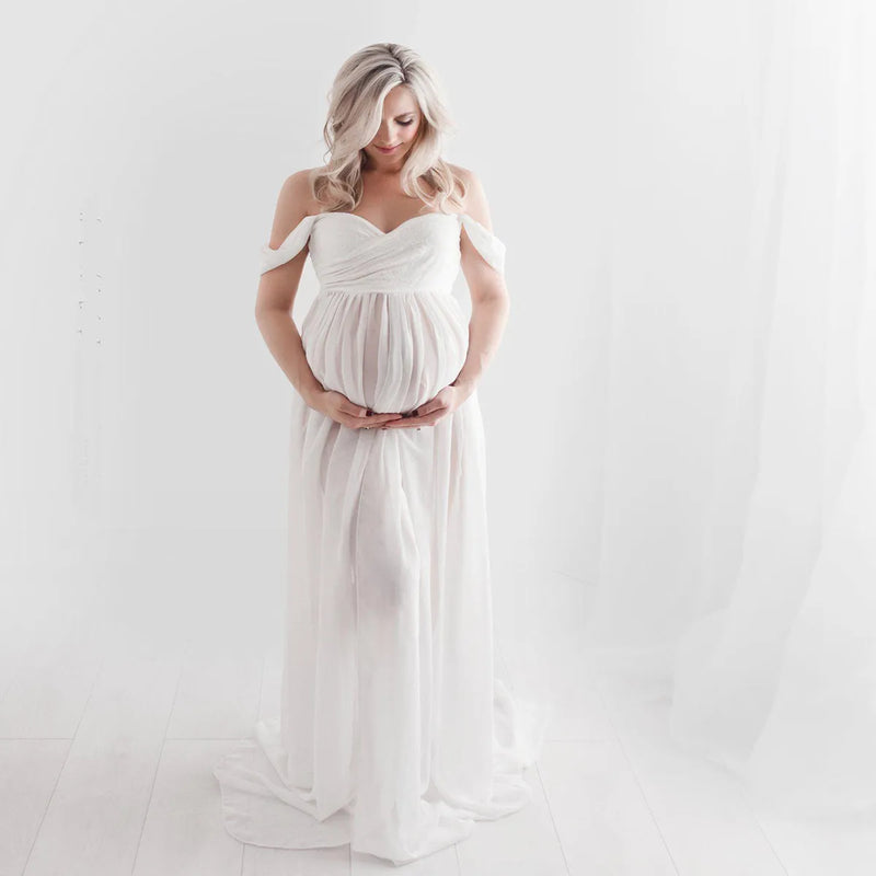Maternity Dresses for Photo Shoot Off Shoulder Short Sleeve Mesh Sheer Split Long Pregnancy Dress Women Maternity Clothes