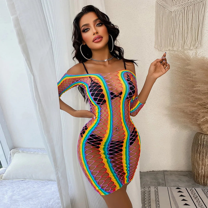 Simplejewel EU Plus Size Women Rave Rainbow See Through Mesh Bikini Cover Ups Sexy Hollow Out 2 Piece Crop Top Mini Skirt