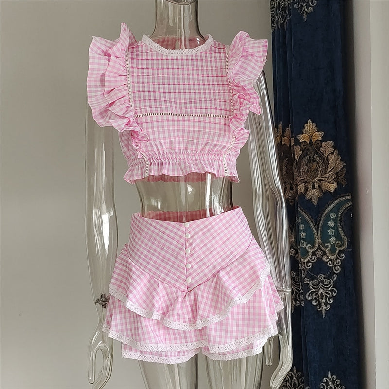 High Quality 2022 Sunday Set elastic waistband Cropped top with ruffle detail and cute ruffle mini shorts skirts