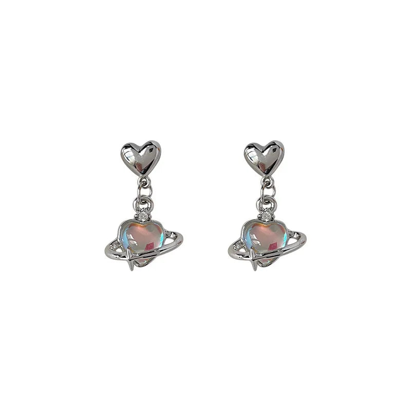 2023 New Laser Opal Love Heart Crystal Planet Drop Earrings for Women Sweet Romantic Dangle Earrings Trend Y2K Jewelry