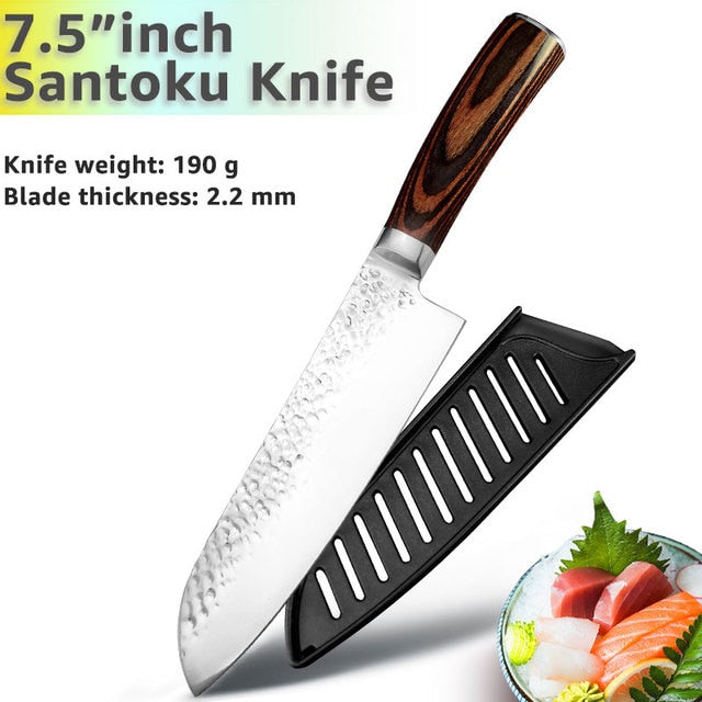 Kitchen Knife Japanese Chef Knives Set 7CR17 High Carbon Stainless Steel Full Tang Hammer Pattern Meat Cleaver Utility Santoku K