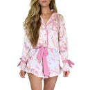 Christmas Pajamas for Women Bow Santa Claus Print Long Sleeve Shirts Ruffle Shorts Lounge Set Xmas 2 Piece Sleepwear