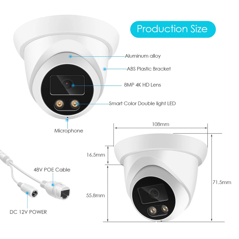 8MP 4K IP Camera Outdoor ASECAM Face Detection Audio Dual Light H.265 Onvif CCTV Metal Dome Video Surveillance Camera RTSP