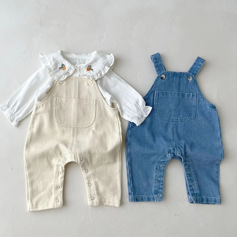 Children Clothes Suit Infant Baby Girls Clothing Set Long Sleeve Embroidered Shirt+Denim Jumpsuit Autumn Spring Clothes Suit