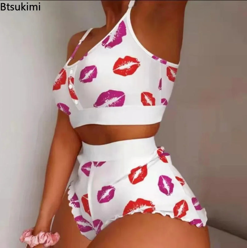 New Women's 2 Pieces Kawaii Strawberry Print Frill Hem Cami Pajama Set 2024 Femme Cute Crop Top & Shorts Suits Lady Sleepwear