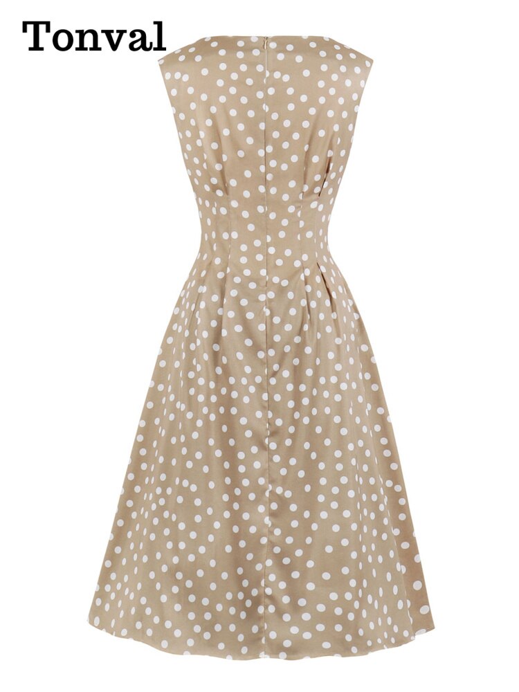 Tonval Khaki Color High Waist Elegant Polka Dot Women Vintage Long Dress Sleeveless Pocket Side Ladies Midi Dresses Retro