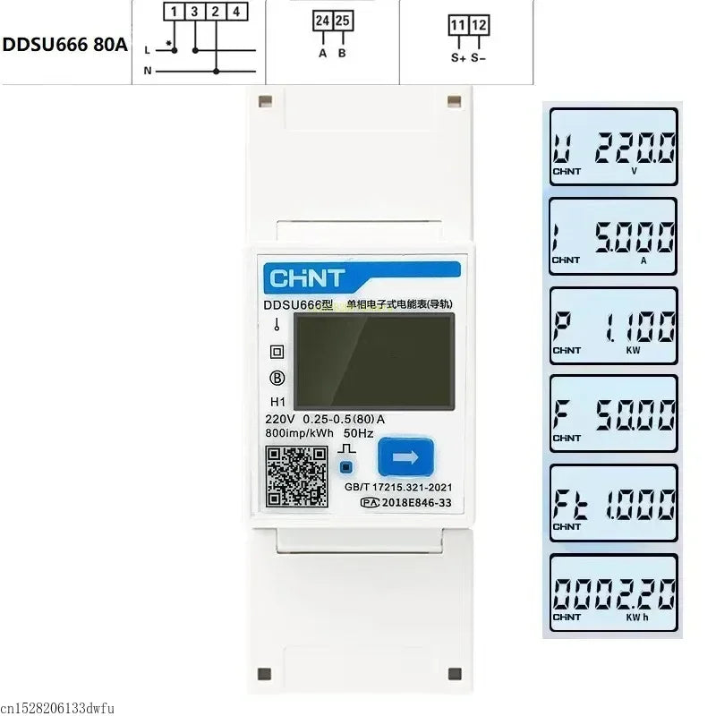 CHINT DDSU666 DTSU666 80A Din Rail Digital Voltmeter Current Power Electric Energy KWH Meter Volt Amp Modbus RS485 AC 230V 380V