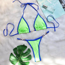 New In Swimsuit Woman 2024 Candy Color Sexy String Bikini Set Patchwork Metal Pearl Women's Swimwear Holiday Matching Sets