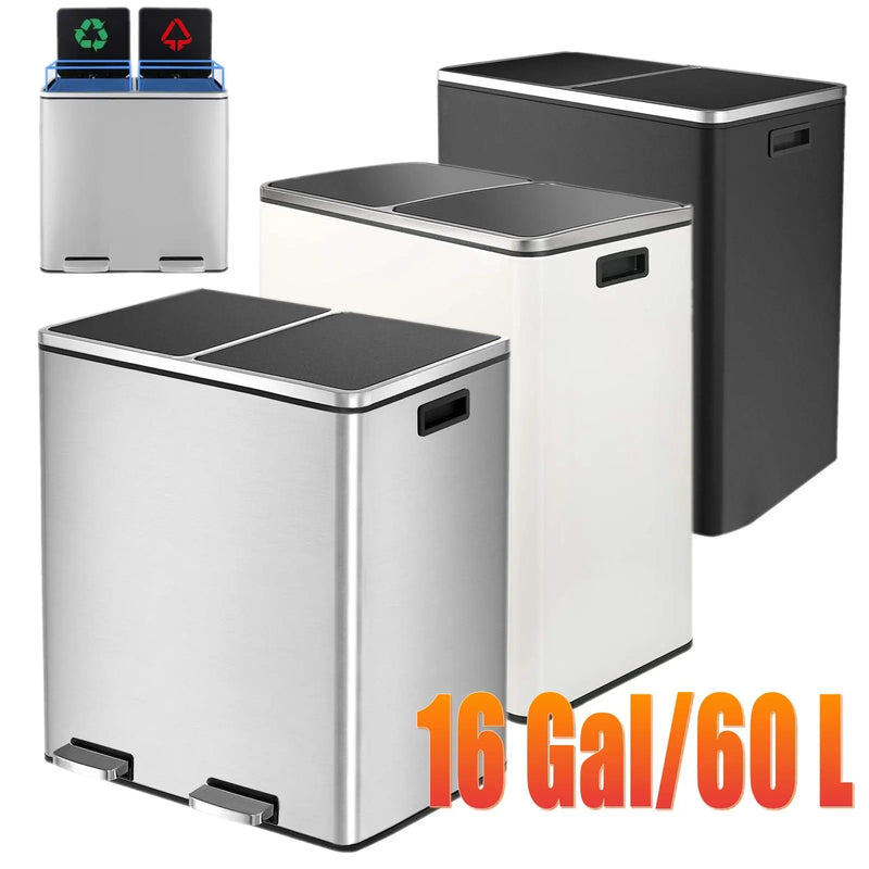 Brushed Stainless Steel 60L/16Gallon Rectangular Hands-Free Dual Compartment Recycling Kitchen Step Trash Can w/ Soft-Close Lid