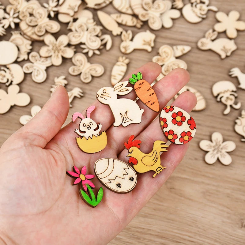 50/100pcs Easter Wooden Crafts Ornament Rabbit Eggs Kids Painting DIY Wood Slice 2025 Spring Easter Party Home Table Decoration