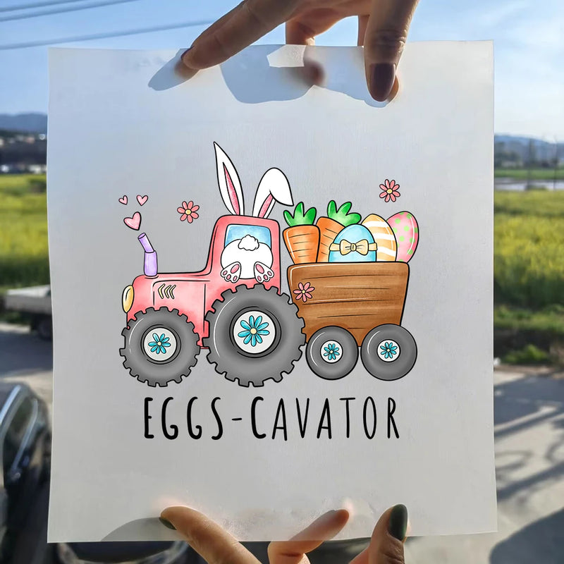 15cm New Easter Egg Rabbit Iron On Heat Transfer Stickers For Clothes DTF Pinted Vinyl Thermal Appliques Washable T-Shirt Decal