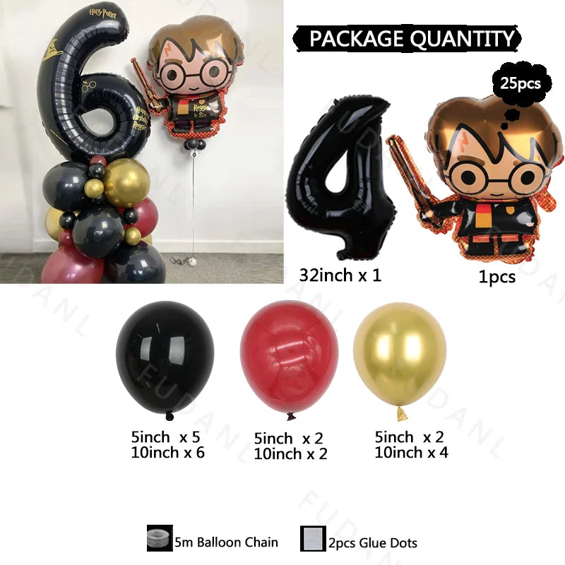 25pcs Harry Potter Theme Balloon Column 32inch Black Number 1-9th Children Birthday Baby Shower Party Decoration Globos Supplies