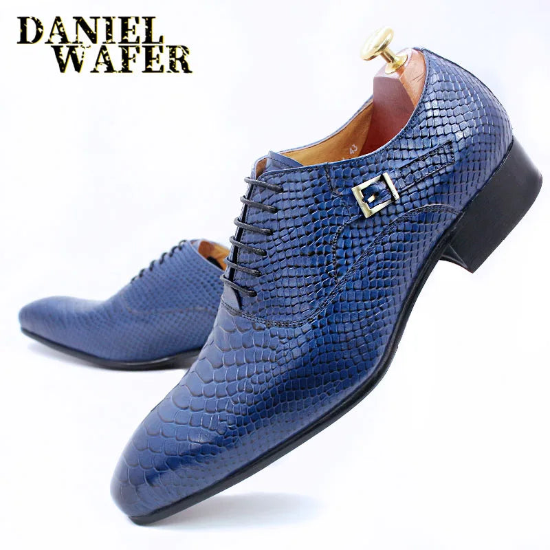Luxury Men Leather Shoes Snake Skin Print Business Dress Formal Classic Style Burgundy Blue Pointed Toe Lace Up Oxford Shoes Men