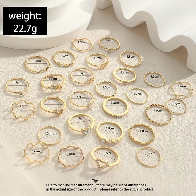 Fashion Simple Wave Joint Rings Set For Women Crystal Heart Shape Gold Silver Color Ring Female Party Jewelry
