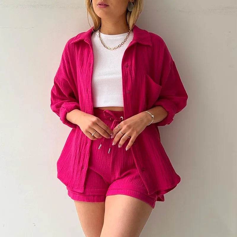 Summer Women Pajamas Fashion 100% Cotton Pink Loose Fitting Casual Pajamas 2-Piece Shorts Lace Up Lady Homewear Wearing Outside