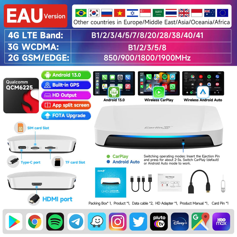 8+128G Carlinkit Tv Box Android 13 Wireless Carplay Car Box Mini Android Auto Wireless Adapter Qualcomm 8cores Fota Upgrade HDMI