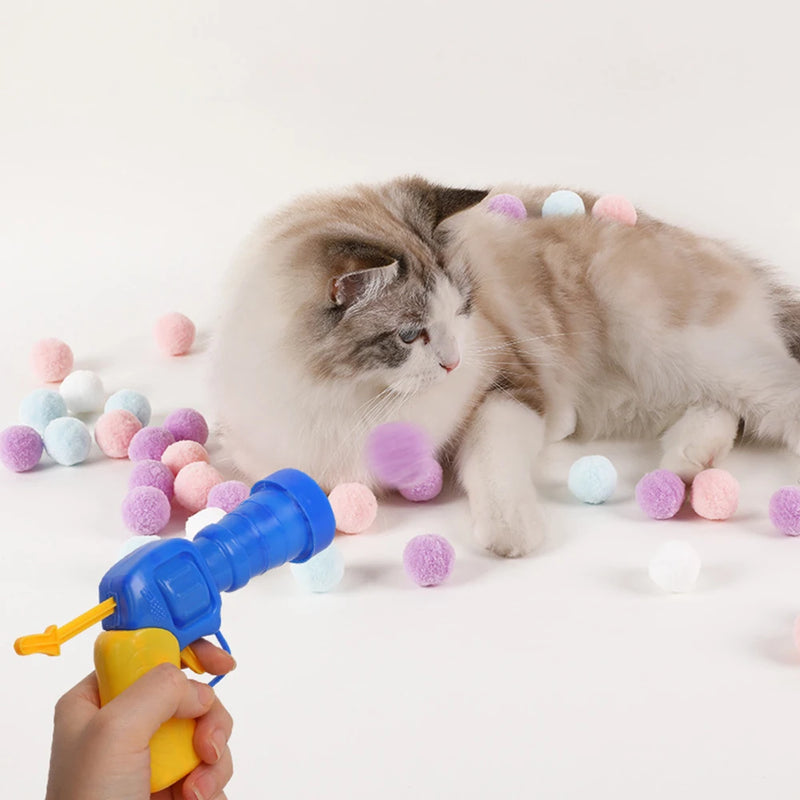 Funny Cat Toys Stretch Plush Ball Mini Shooting Gun Games Interactive Launch Training Toy For Pet Kitten Cat Pom Pom Plush Balls