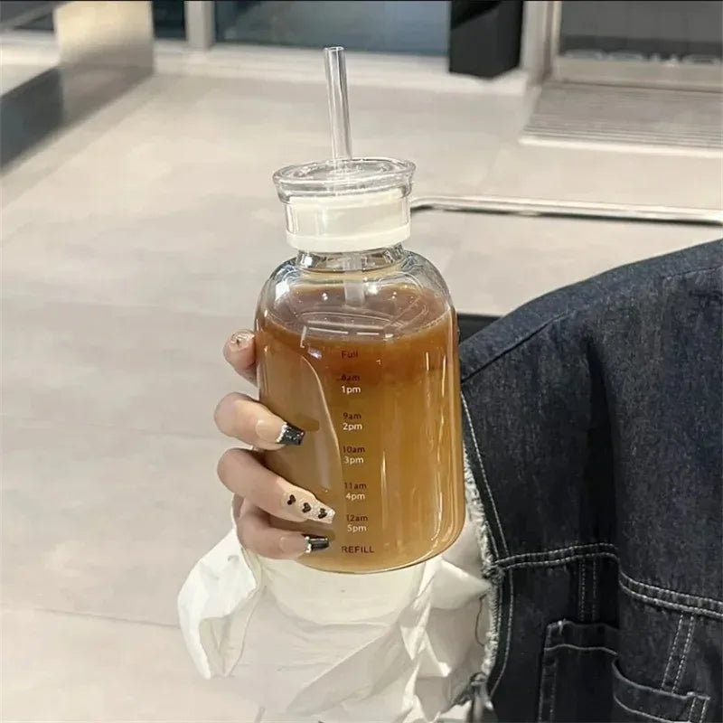 750/350ml Glass Transparent Water Bottles with Lid Straw Time Scale Milk Juice Drink Bottle Travel Coffee Mug Milk Tea Cup