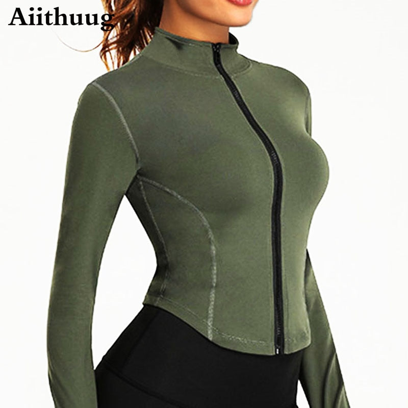 Aiithuug Women Full Zip-up Yoga Top Workout Running Jackets with Thumb Holes Stretchy Fitted Long Sleeve Crop Tops Activewear