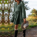 Muslin 100% Cotton Dress Retro Loose Lace-up Ruffles Long Sleeve Green Dresses Women Robe Elegant Party Dress Christmas Clothes