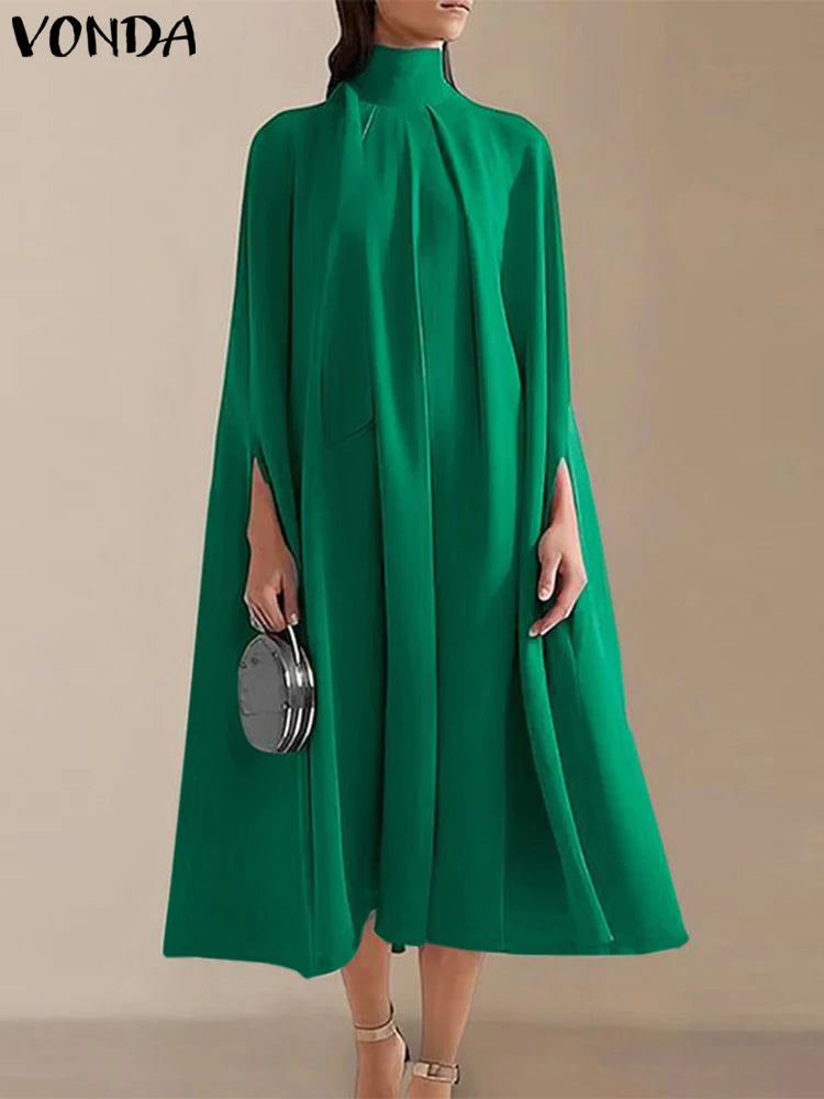 VONDA Summer Party Dress 2024 Elegant Evening Midi Dress Fashion Women Bat Sleeve Turtleneck Sundress Casual Vetidos Loose Robe