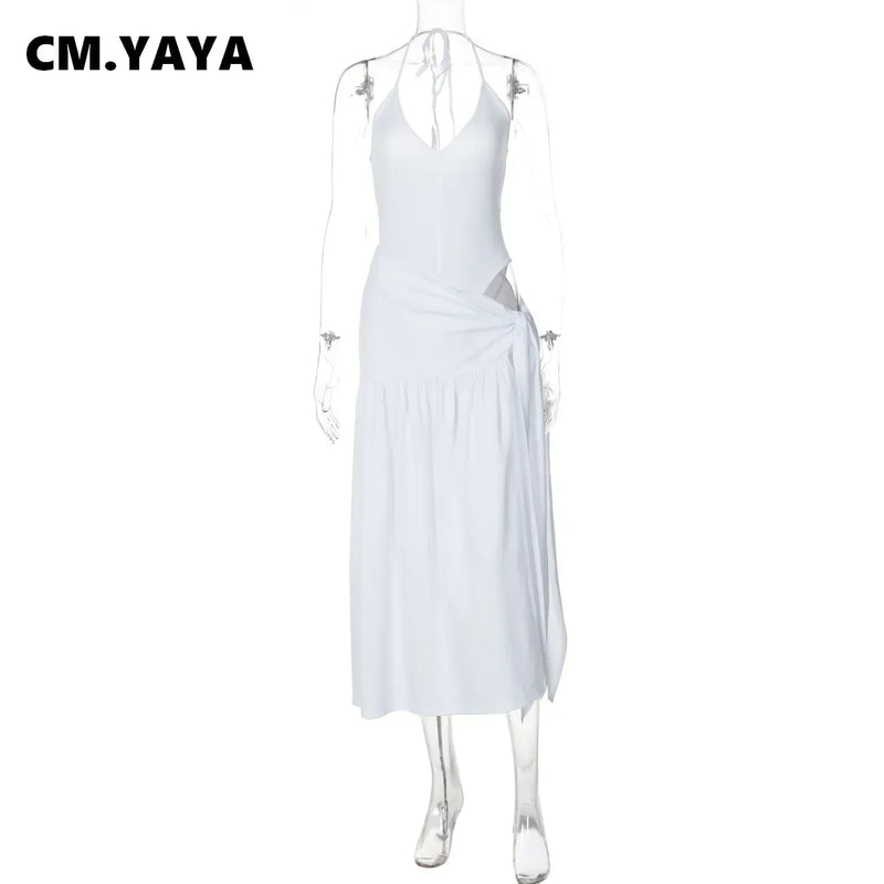 CM.YAYA Elegant Women's Set Sleeveless Strap Bodysuit +Long Skirts Set Autumn Tracksuit Sexy 2024 Tie Up Two 2 Piece Set Outfits