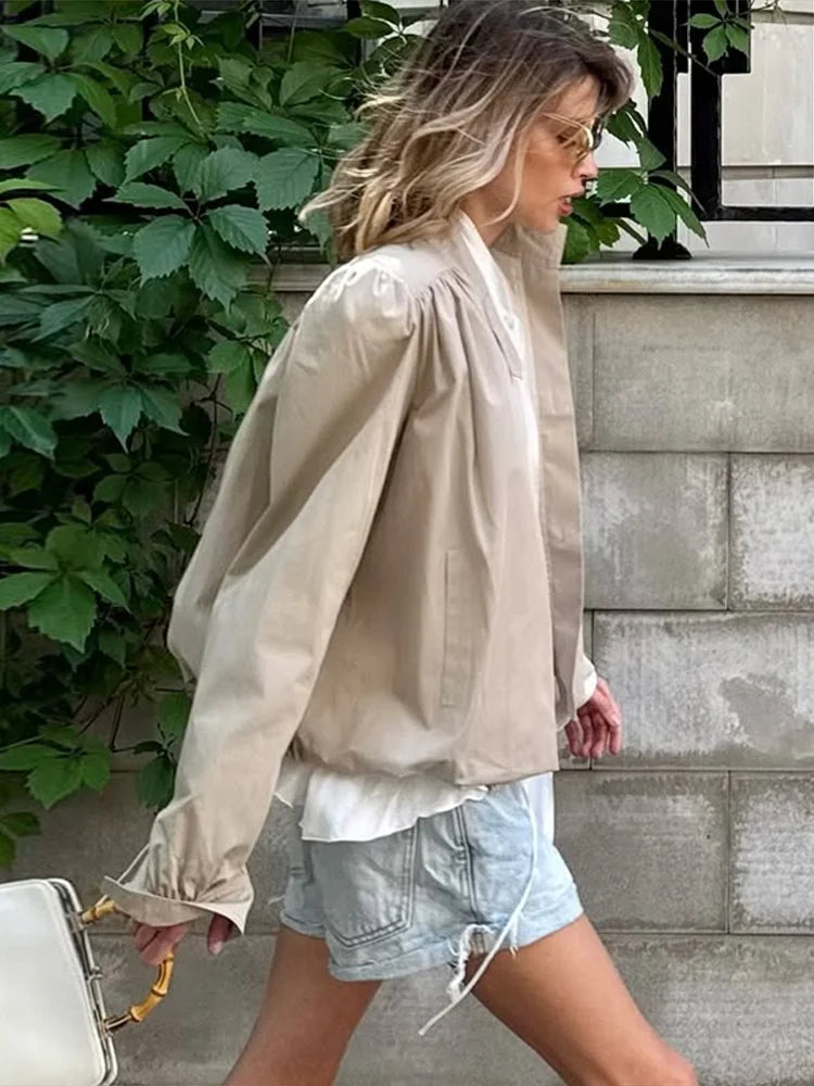 Fashion Stand Collar Short Jacket Women Long Puff Sleeve Single-breasted Pleated Women's Coat 2025 Autumn Lady Outwears Street