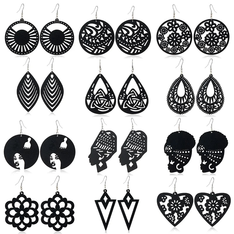 SOMESOOR Trendy Black Cutting Women Wooden Drop Earrings Collections African Ethnic Bohemain Engraved Dangle Jewelry Accessories