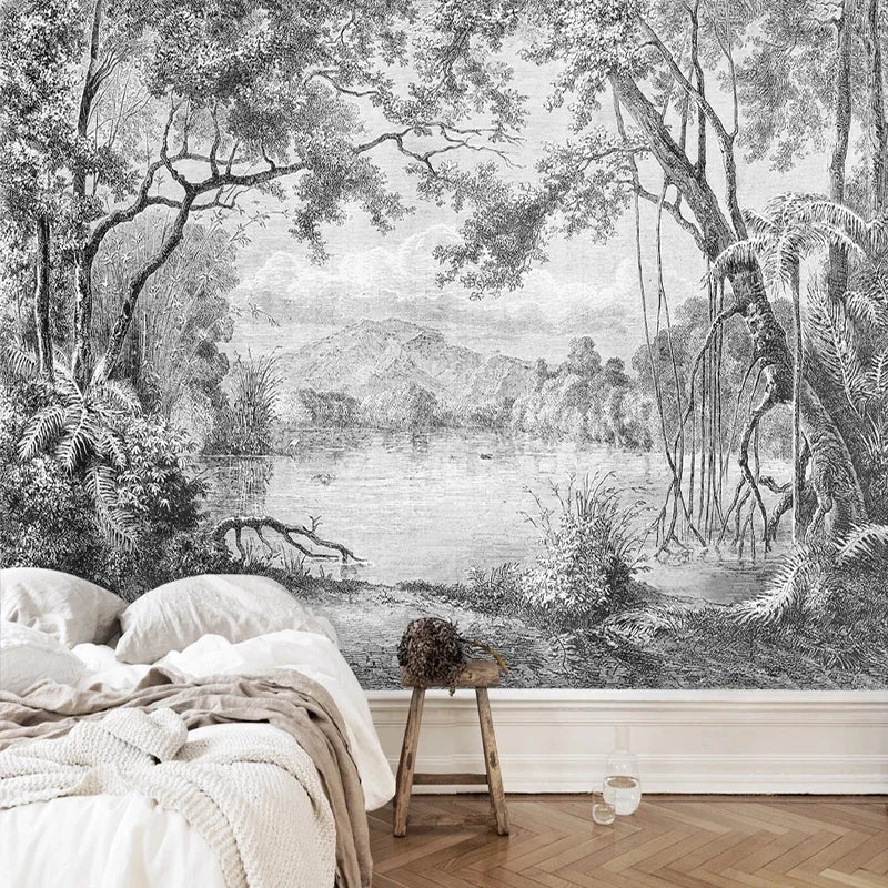 Custom Photo Wallpaper Black And White Forest Mural European Retro Hand Painted Line Rainforest Jungle Painting Papel De Parede