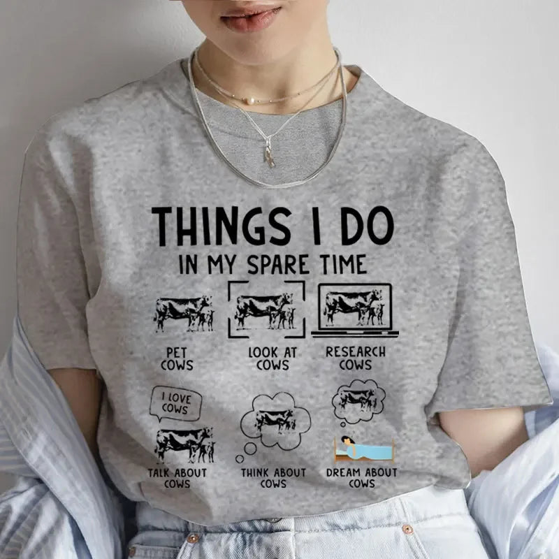 Trend Shirt Short Sleeve Fashion Summer Women Cow Things I Do in My Spare Time Cows Print T Shirt Casual Top Graphic Tee T-Shirt