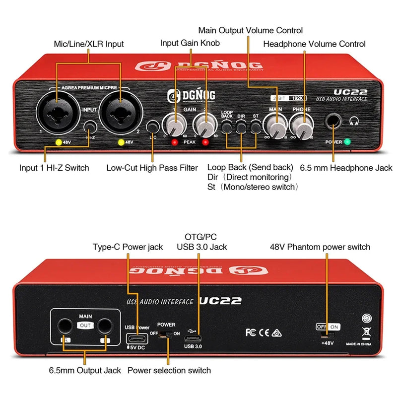 UC22 Audio Interface Sound Card with USB 3.0 Monitor Guitar Recording Computer Professional Sound Card for Studio Podcast PC