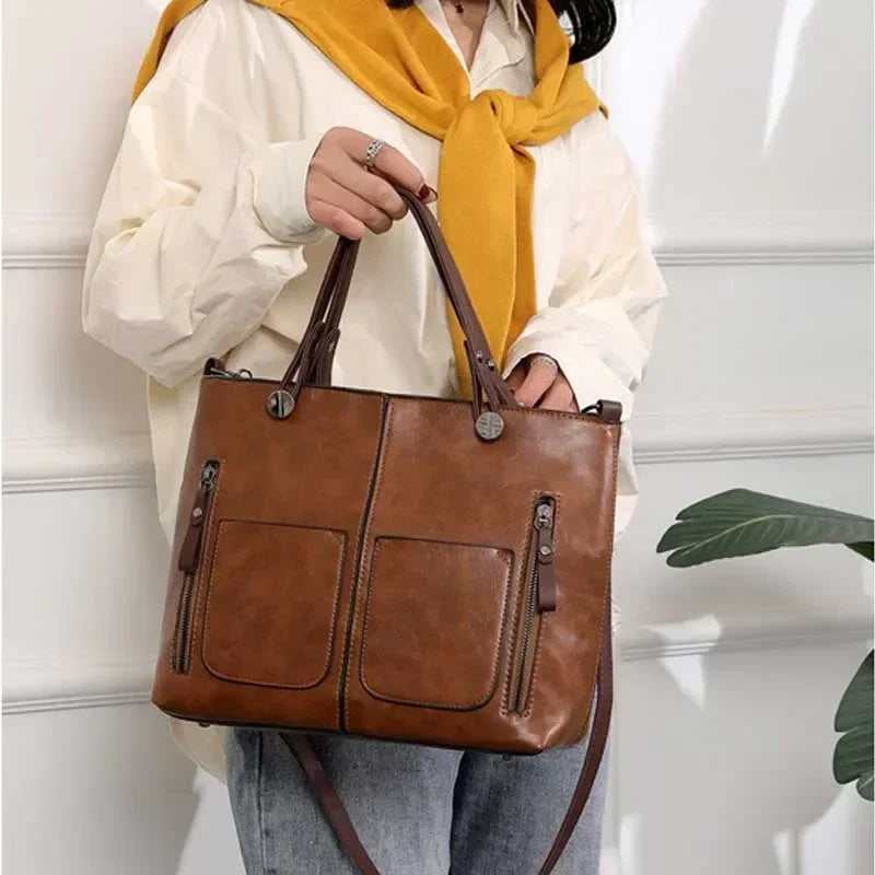 Large Capacity Shoulder Bag Vintage PU Leather Multi-Pocket Tote Bag Adjustable Shoulder Strap Crossbody Bag Women handbags 2024