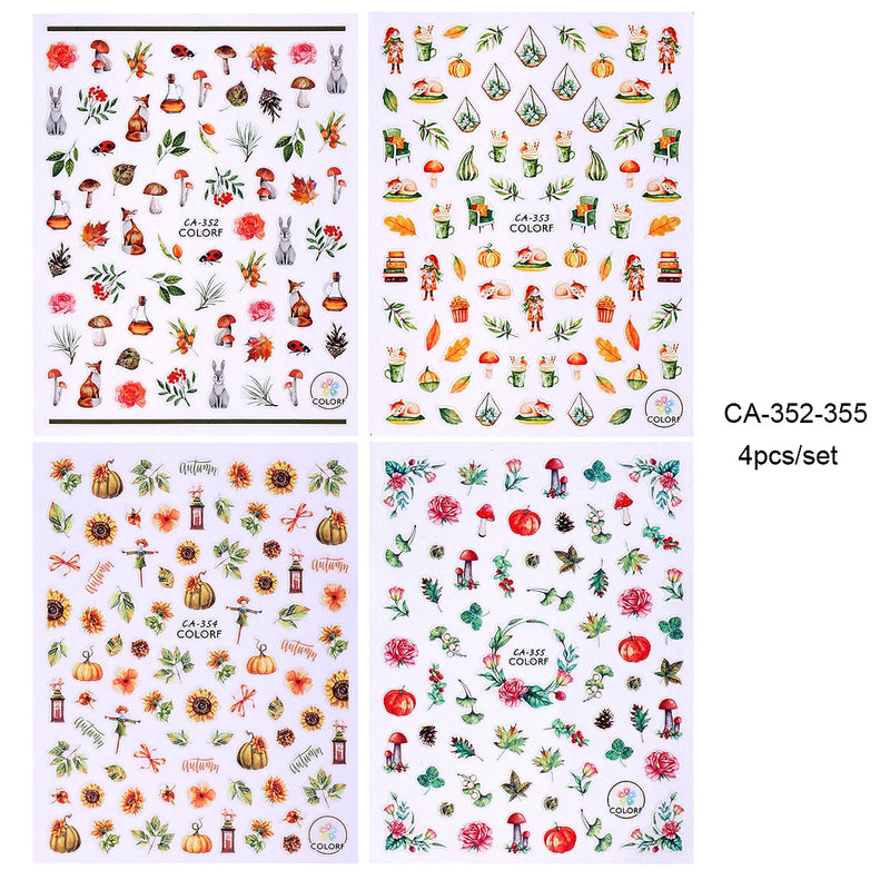 3/4/7pcs 3D Autumn Winter Nail Art Stickers Pumpkin Maple Leaves Squirrel Rabbit Flowers Decal For Thanksgiving Day Manicure DIY