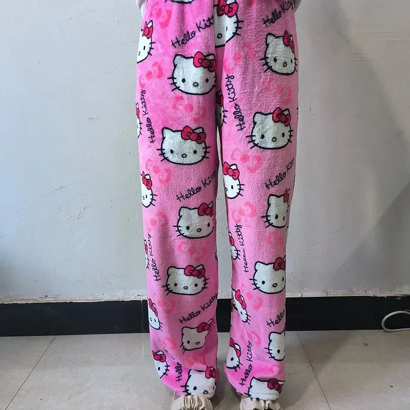 Kawaii Hello Kitty Pajama Pants Plus Size Sanrio Fleece Double Elastic Fabric Soft Trousers Women Trousers Cartoon Gift 2024