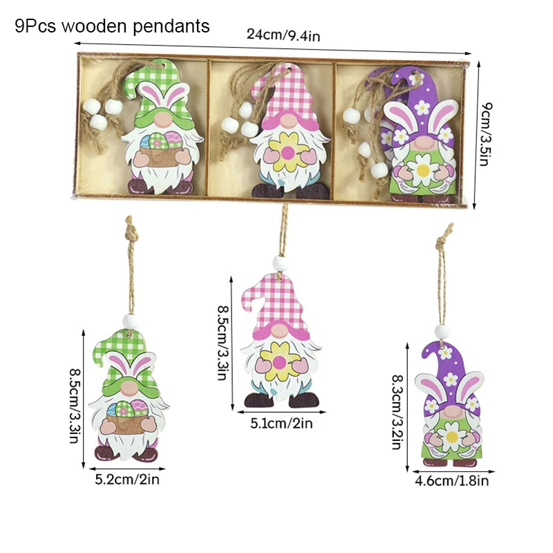 12/9pcs Happy Easter Wooden Pendant Cute Bunny Egg Carrot Chick Hanging Ornaments Spring Easter Party Home Decoration DIY Wreath