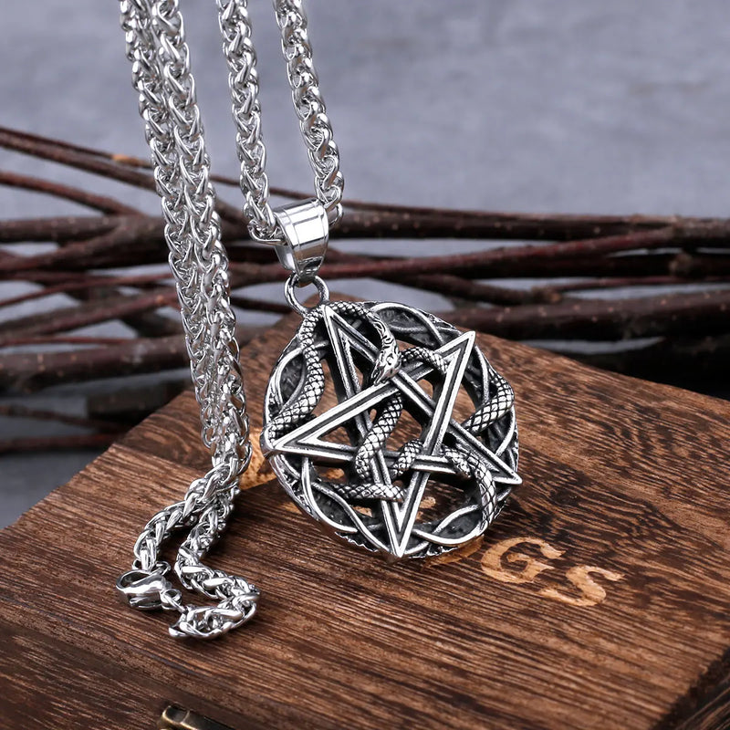 Vintage Pentagram Snake King Necklace Men Women Stainless Steel Fashion Punk Pendant Necklace Charm Chain Jewelry Christmas Gift