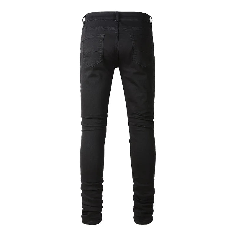 Men Leather Patch Biker Jeans for Motorcycle Streetwear Holes Ripped Patchwork Stretch Denim Pants Black Skinny Tapered Trousers