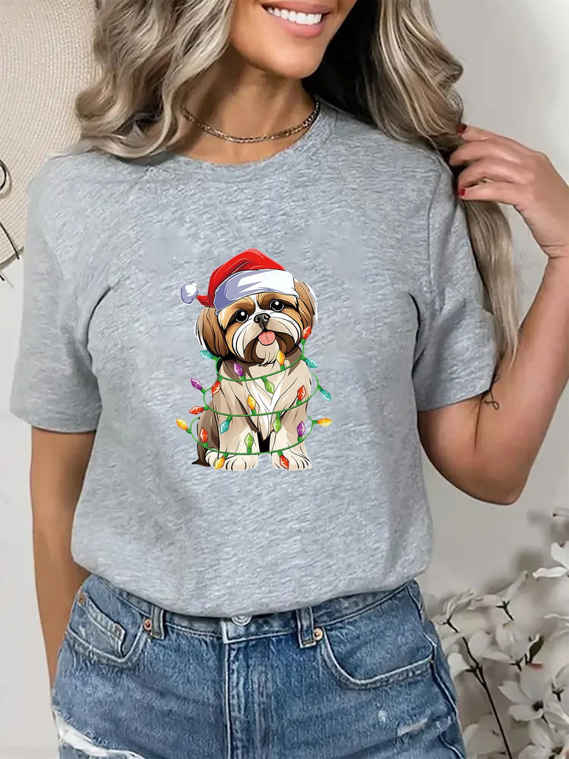 Peace Sign Hand Shih Tzu Santa Christmas Dog Pajamas Printed Short Sleeve Pattern Printed Women's Summer T-shirt