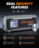 WOLFBOX 3000A Jump Starter,12V Car Battery Jump Starter,65W Quick Charge 16000mAh for 8L Gas 6L Diesel Engine with Booster