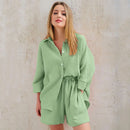 Cotton Pajamas For Women Sets Suit Casual Sleepwear Turn-Down Collar Nine Quarter Sleeve Sleep Tops Shorts Female Homewear 2023