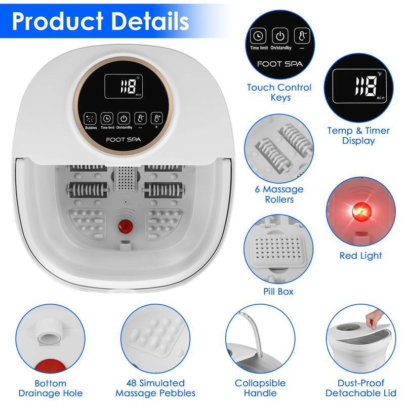 Collapsible Foot Spa Massager Electric Foldable Foot Soaker Tub with Remote Control 24 Heating Levels 6 Massage Rollers Surfing