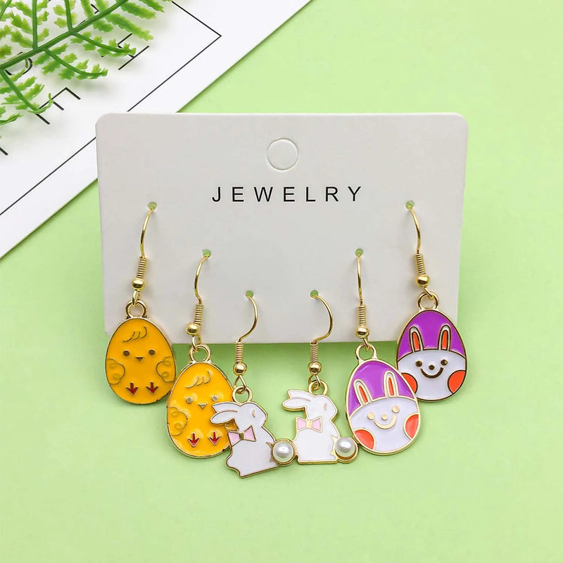 3 Pairs/Set Alloy Enamel Easter Egg Cute Cartoon Rabbit Design Earrings - Perfect Holiday Jewelry Gift