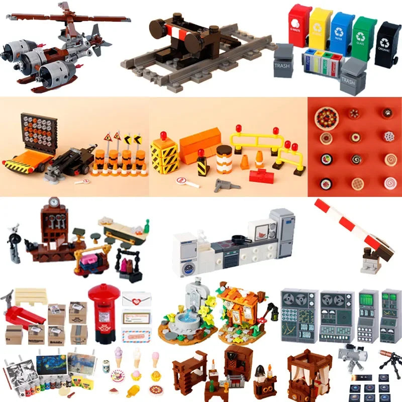 Building Blocks Small Particles Construction City Roads Obstacles Trash Cans Furniture Gourmet Fountains House Kits Boy Toys