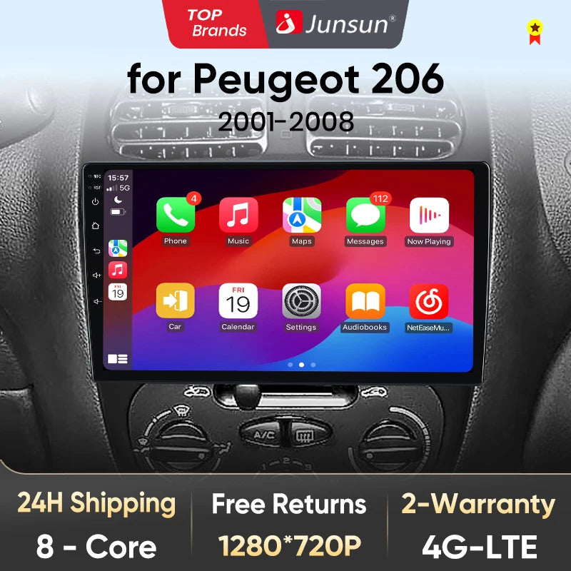 Junsun V1 Wireless CarPlay AndroidAuto Radio For Peugeot 206 206CC 206SW 2001-2008 4G Car Intelligent Systems 2Din Autoradio GPS