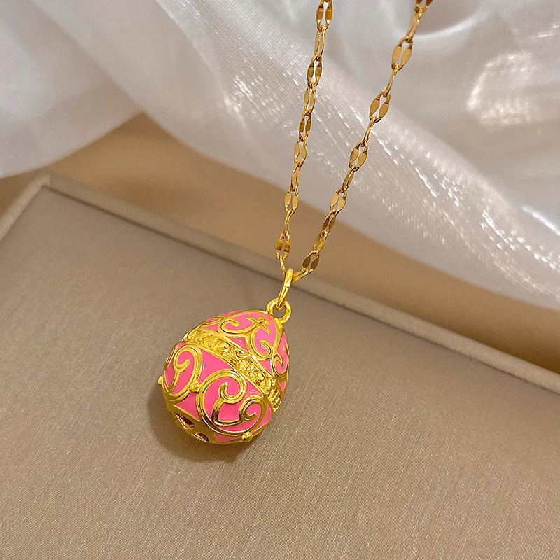 Greatera Colorful Enamel Easter Egg Pendant Necklaces for Women Guilloche Locket Egg Gold Plated Chain Necklaces Party Jewelry