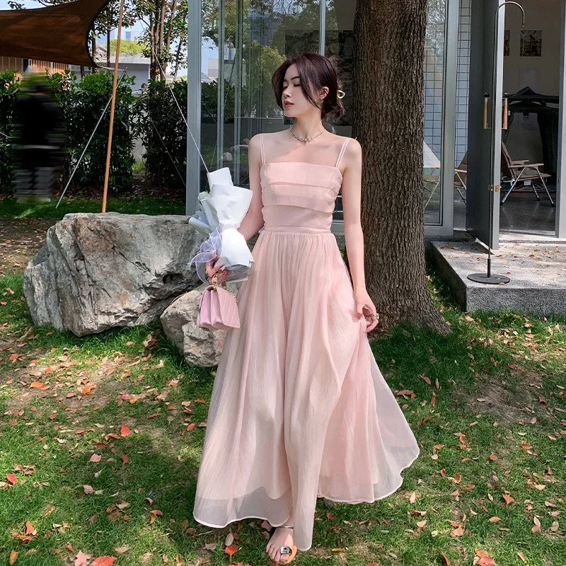 Pink Fairy Tank Dress 2024 New Style Women's Beach Vacation French Style Dress Sleeveless Summer Clothing Forest System