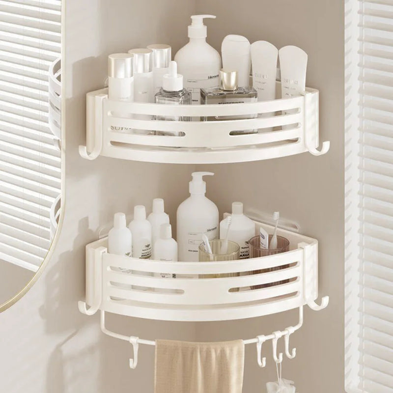 White Bathroom Shelves with Towel Bar and Hooks Shampoo Mackeup Storage Organizer Self Adhesive Wall Mounted Shower Corner Rack