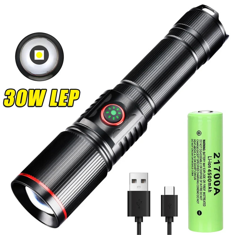 Heinast 1000lm S009 Powerful Tactical LEP Flashlight 18650 or 21700 Battery Zoom Torch Light Lamp with Tail Rope Power Indicator