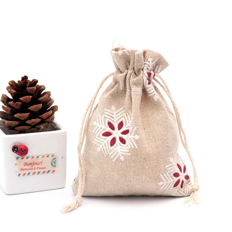 50Pcs/lot  (10x14cm) Linen Printed Cotton Gift Bags Packing Jewelry Drawstring Pouch Cosmetic Wedding Candy Wrappling Reusable