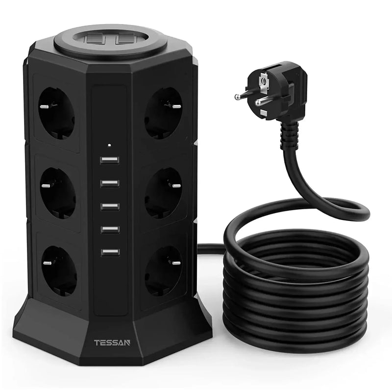 TESSAN Power Strip Vertical Tower Socket 12 Outlets 5 USB Ports EU Plug Multiple Socket with 2M Extension Cord Surge Protection